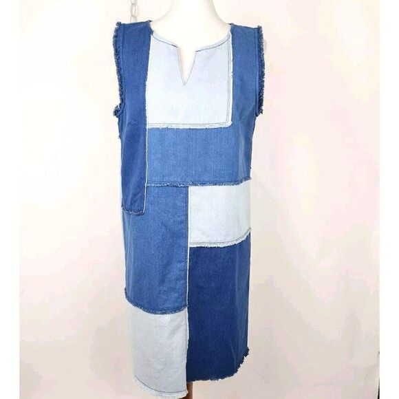 Nanette Lepore Blue Denim Patchwork V Neck Shift Dress Sleeveless Raw Edge sz M - Picture 1 of 7
